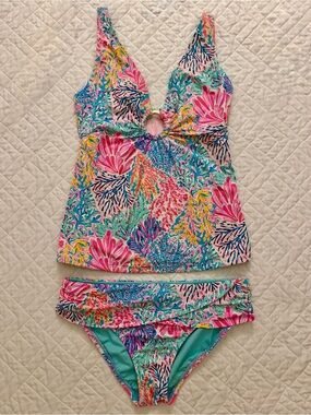 Lilly Pulitzer Coral Reef Tankini Swim Set Pink Aqua Size 2 EUC